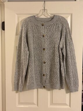 SHEIN Light Gray Openwork Knit Button-Front Cardigan